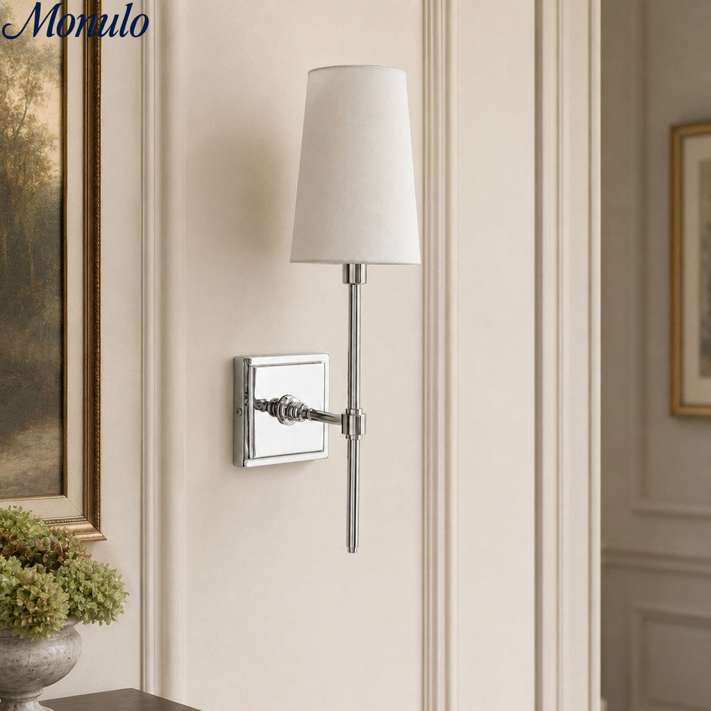 Rowan Elegant White-Linen Shade Wall Lamp – Retro Metal Wall Light for Bedroom & Hallway | Esilora