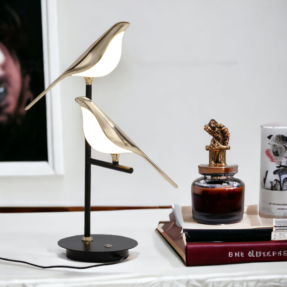 LED Table Lamp — Gold Bird Detail, Modern Design