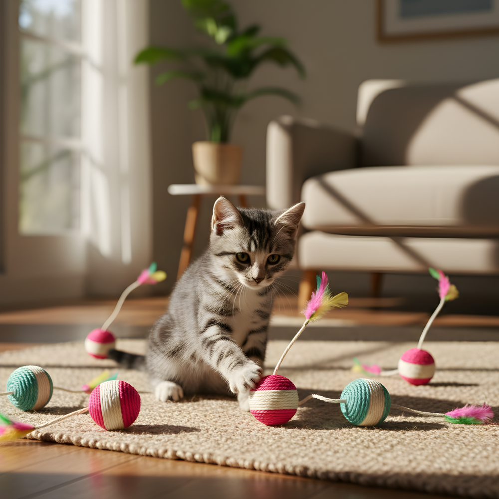 Gioco a palla con piume in sisal naturale per gatti ClawBounce — Da graffiare e inseguire