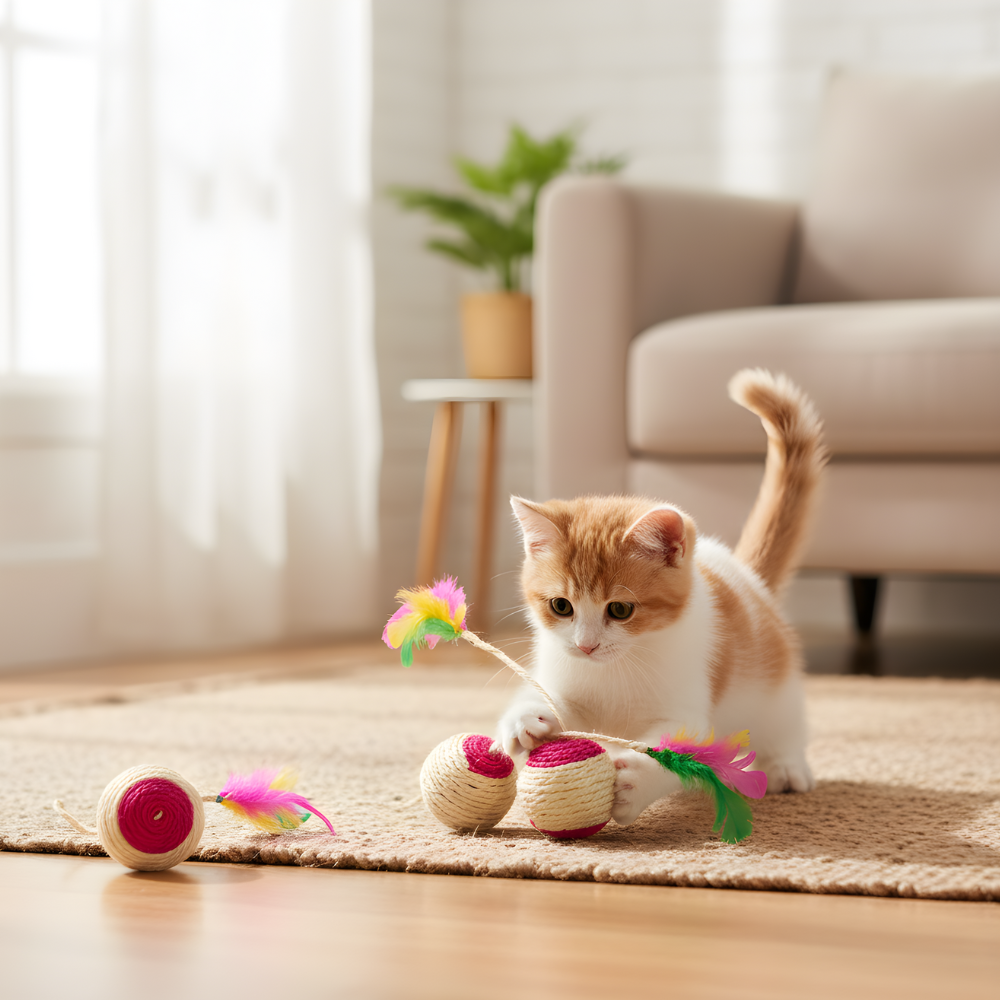 Gioco a palla con piume in sisal naturale per gatti ClawBounce — Da graffiare e inseguire