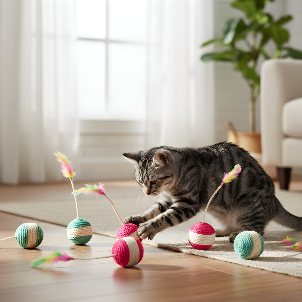 Gioco a palla con piume in sisal naturale per gatti ClawBounce — Da graffiare e inseguire