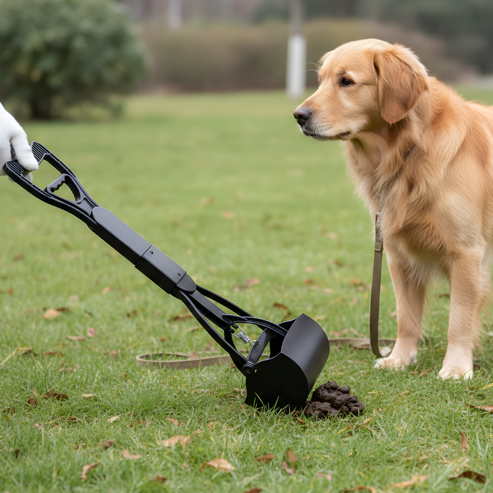 Paletta pieghevole raccogli escrementi per cani CleanStride, utilizzabile con una mano — Manico allungato