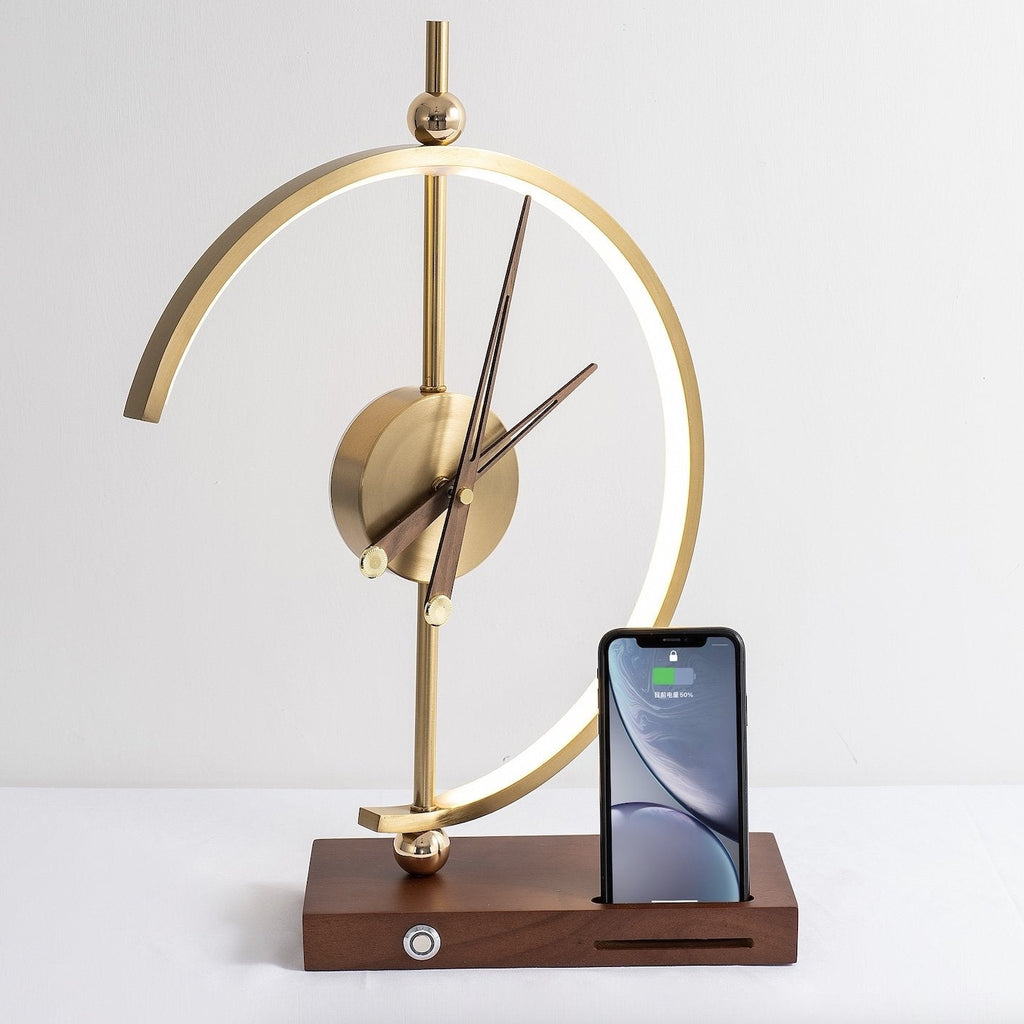 Wood LED Table Lamp — Digital Clock and Charging Station