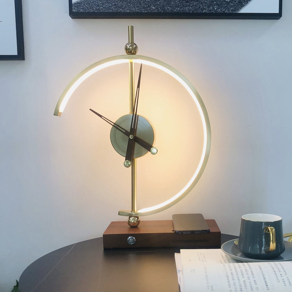 Wood LED Table Lamp — Digital Clock and Charging Station
