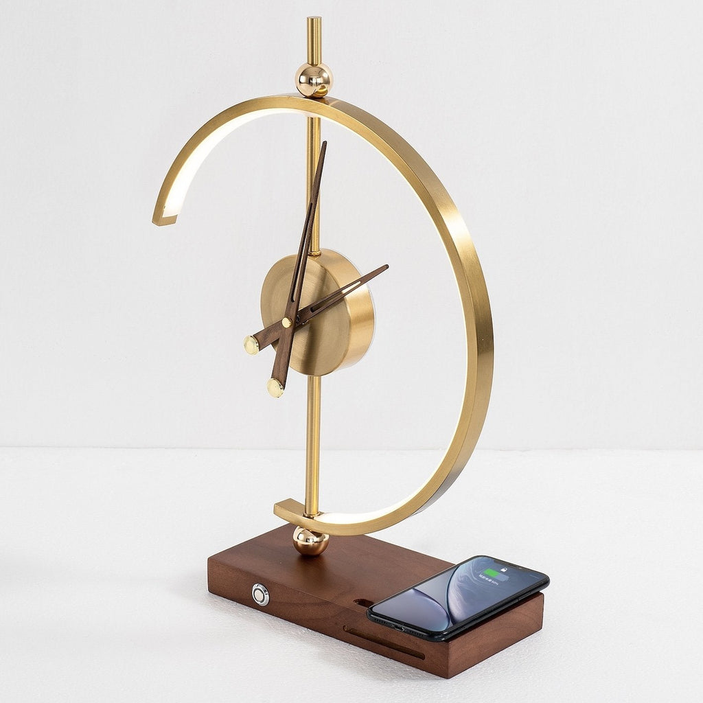 Wood LED Table Lamp — Digital Clock and Charging Station