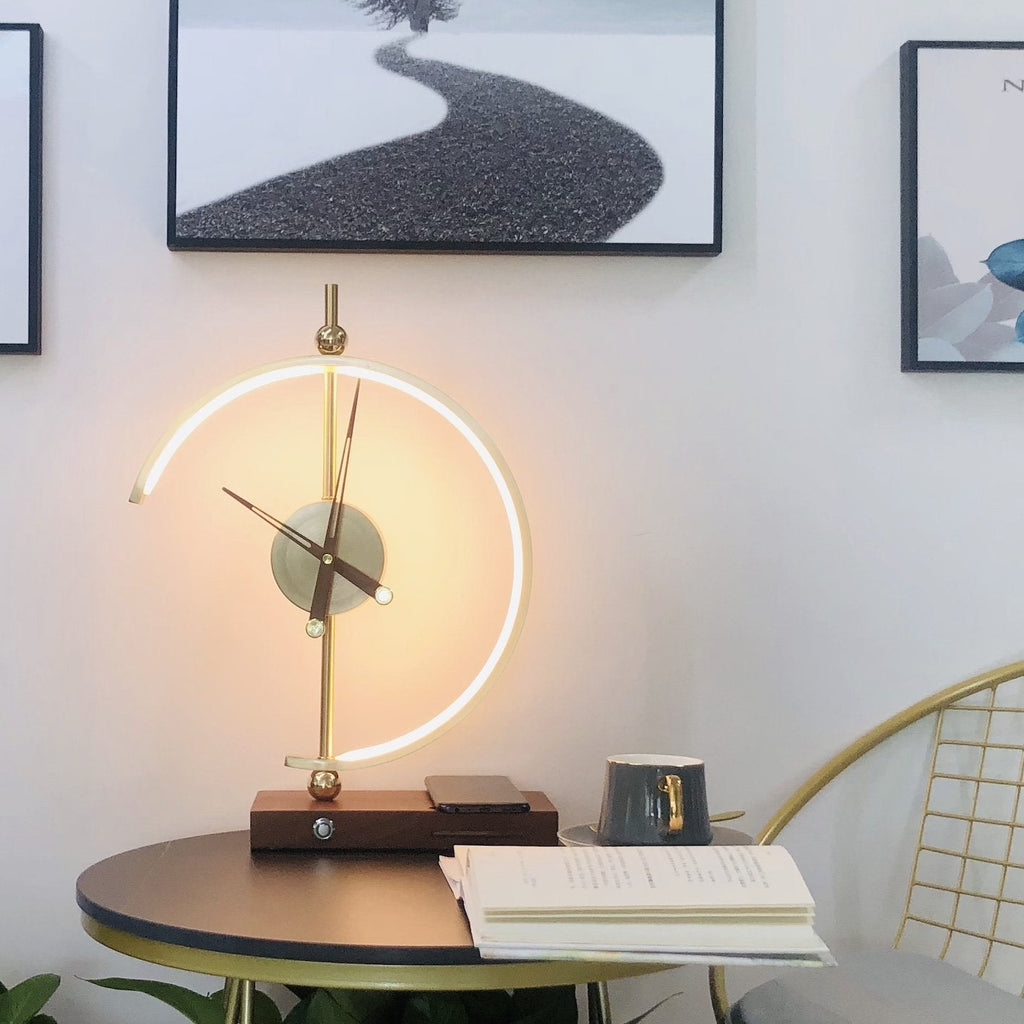Wood LED Table Lamp — Digital Clock and Charging Station