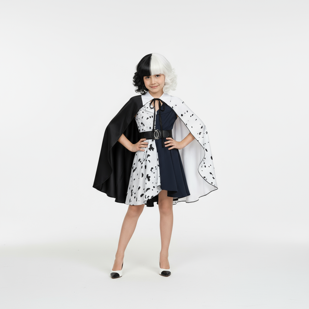 Rochie de costum pentru copii, în două tonuri, alb-negru — rochie elegantă cu volan delicat