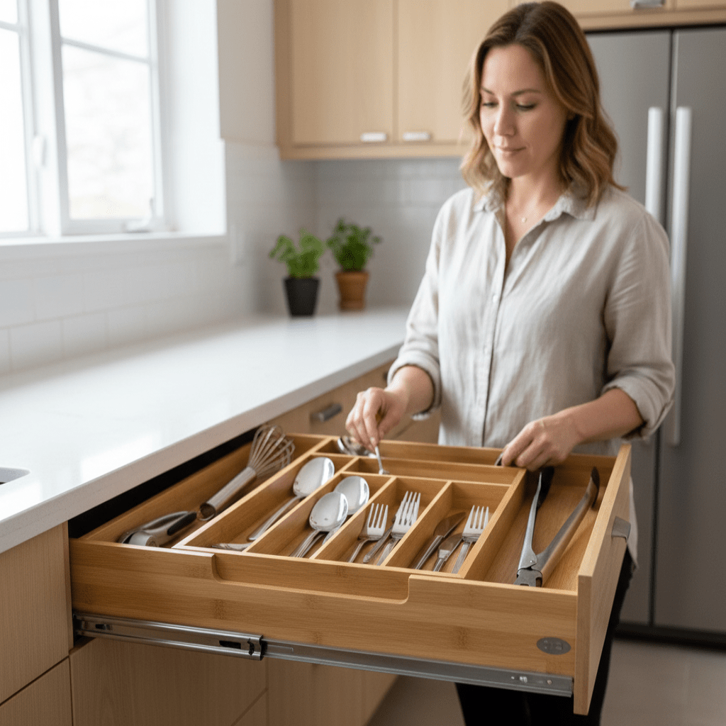 Eco-Friendly One-Piece Adjustable Bamboo Drawer Organizer For Kitchen Drawers