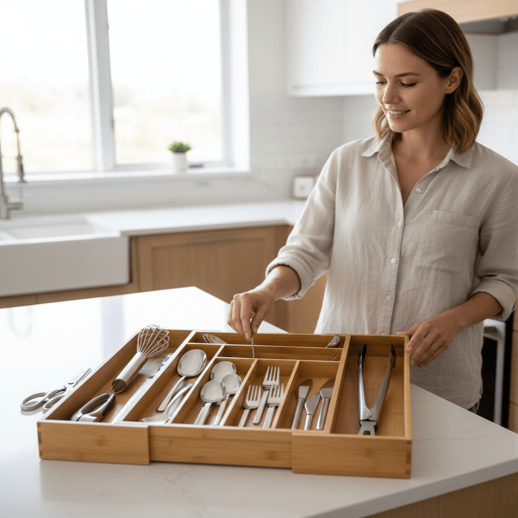 Eco-Friendly One-Piece Adjustable Bamboo Drawer Organizer For Kitchen Drawers