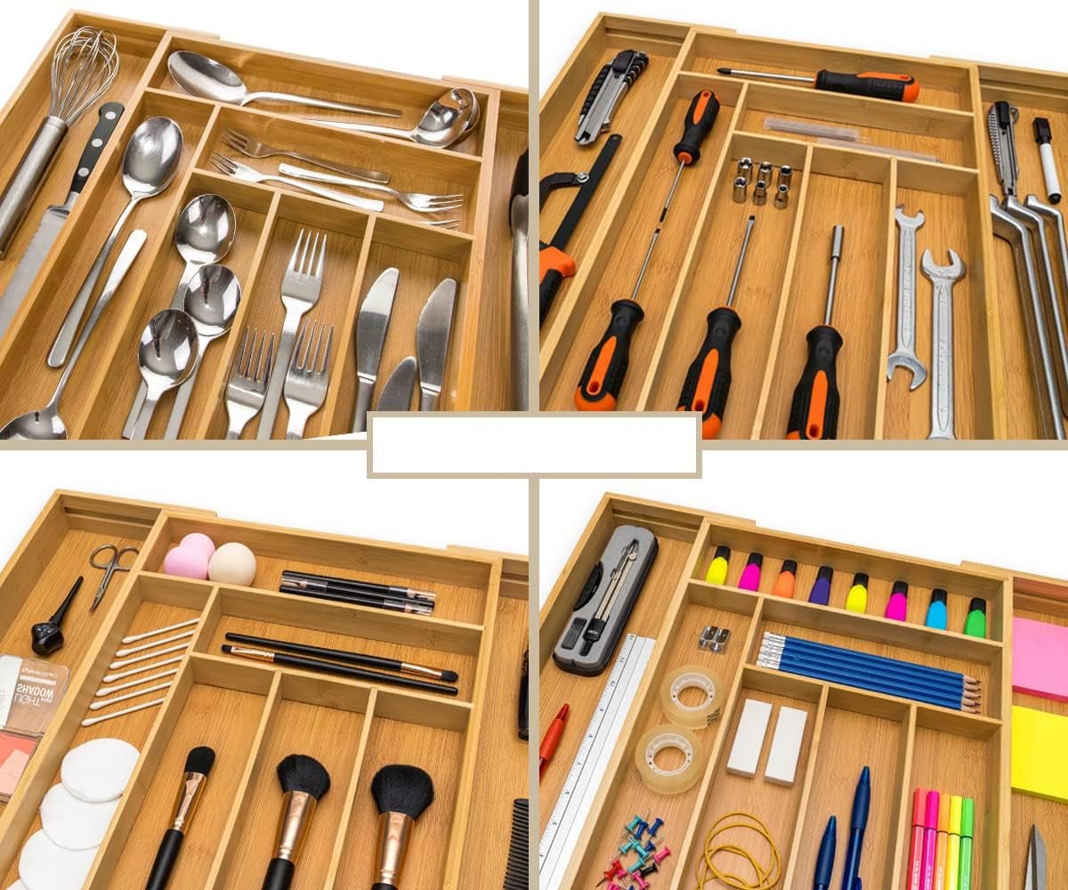 Eco-Friendly One-Piece Adjustable Bamboo Drawer Organizer For Kitchen Drawers