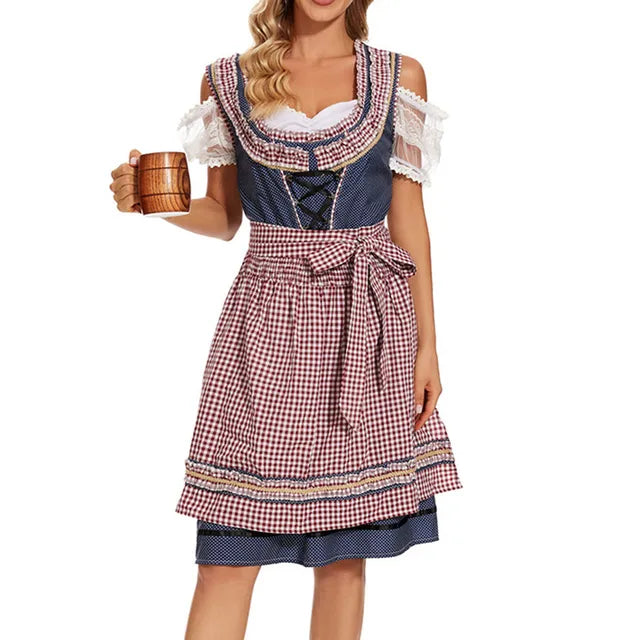 Almrausch bomuldsdirndl til kvinder — Traditionelt ternet mønster og forklæde