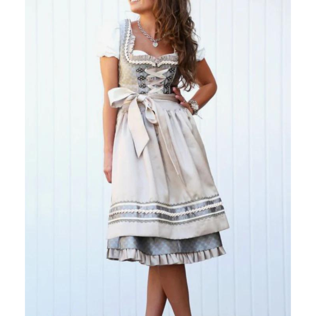 AlpenHerz midi-dirndl i bomuld til kvinder med forklæde, Oktoberfest-stil