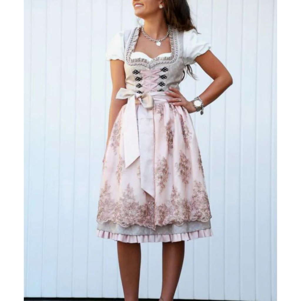 AlpenHerz midi-dirndl i bomuld til kvinder med forklæde, Oktoberfest-stil