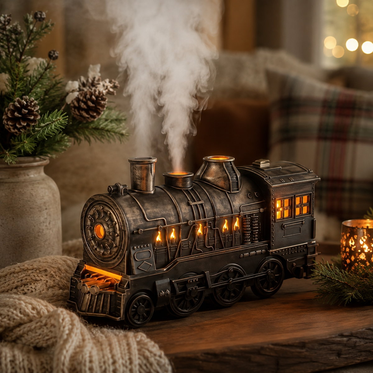 Humidificador de locomotora de vapor clásica — diseño de tren iluminado