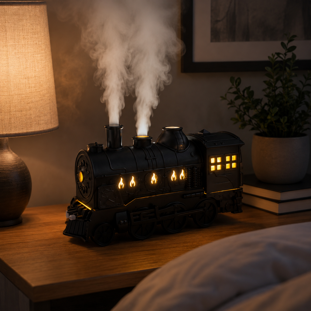 Humidificador de locomotora de vapor clásica — diseño de tren iluminado