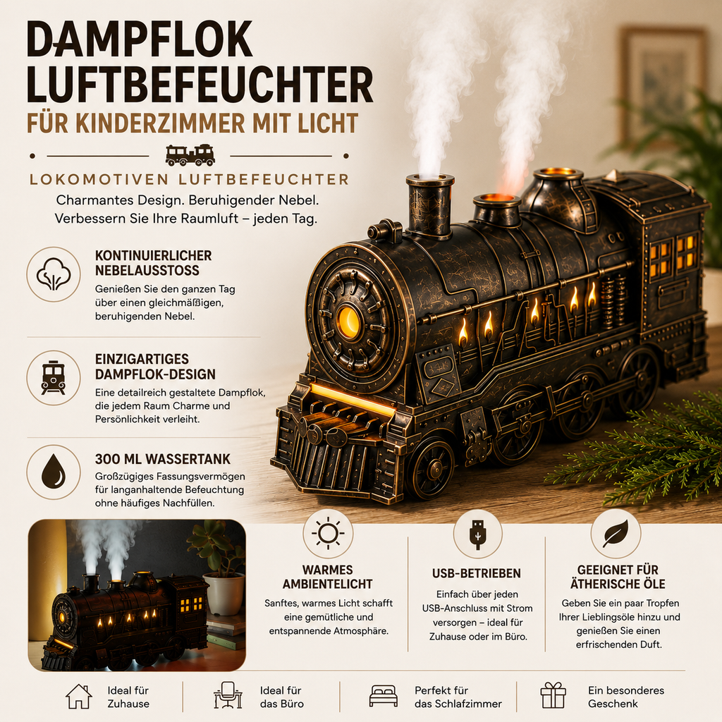 Humidificador de locomotora de vapor clásica — diseño de tren iluminado