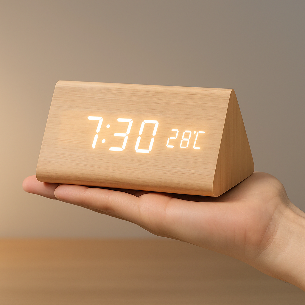 Ceas deșteptător digital LED modern din lemn