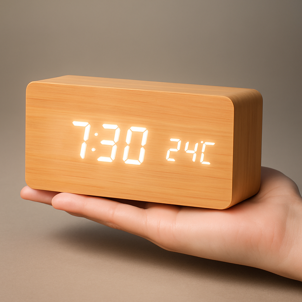 Ceas deșteptător digital LED modern din lemn