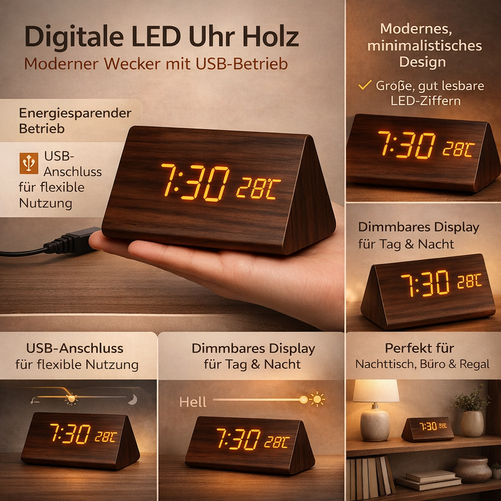Ceas deșteptător digital LED modern din lemn
