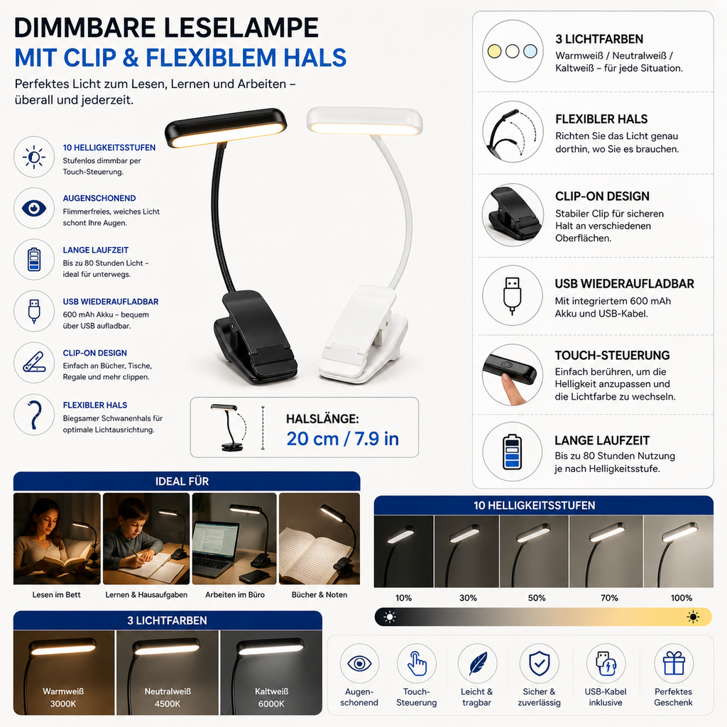 Lampe de lecture à pince à intensité réglable avec col de cygne flexible