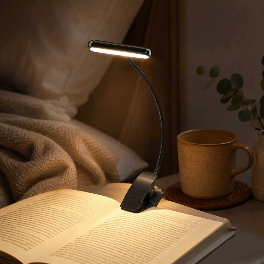 Lampe de lecture à pince à intensité réglable avec col de cygne flexible
