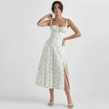 Vestido midi de verão com corpete estruturado tipo espartilho