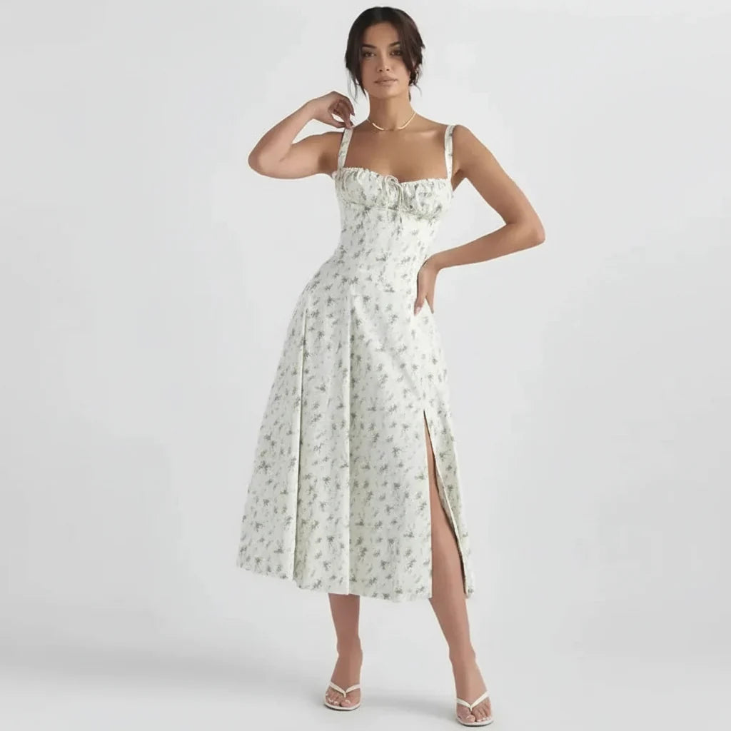 Vestido midi de verão com corpete estruturado tipo espartilho