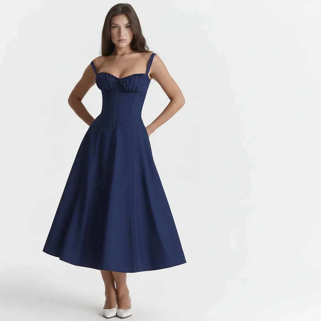 Vestido midi de verão com corpete estruturado tipo espartilho