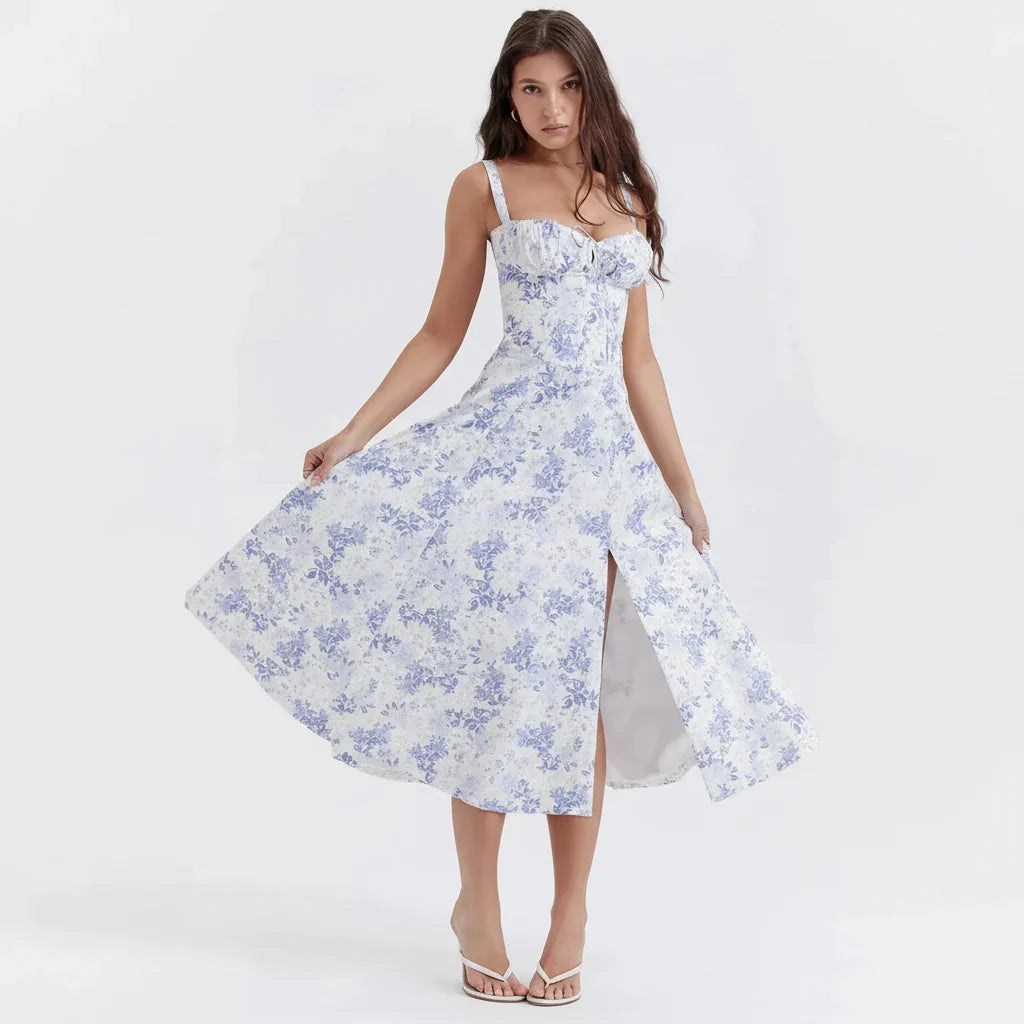 Vestido midi de verão com corpete estruturado tipo espartilho