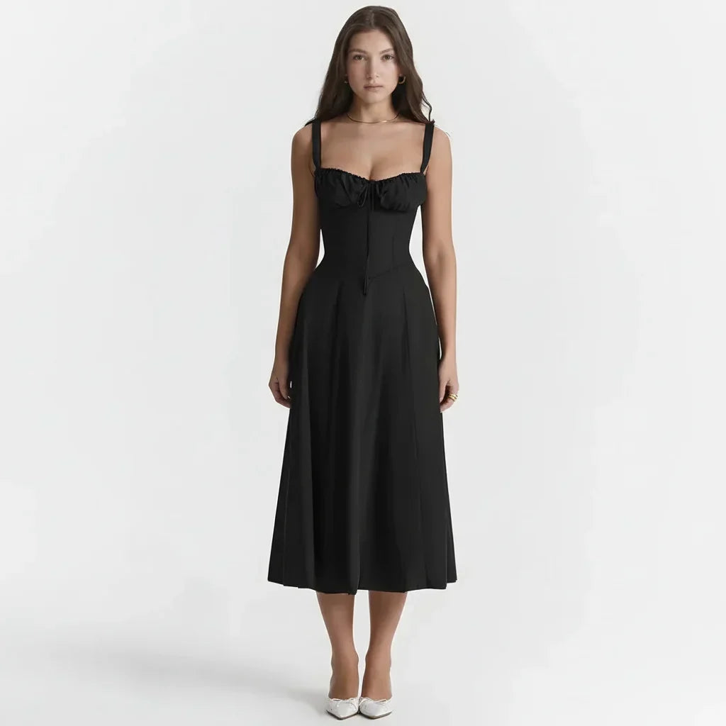 Vestido midi de verão com corpete estruturado tipo espartilho