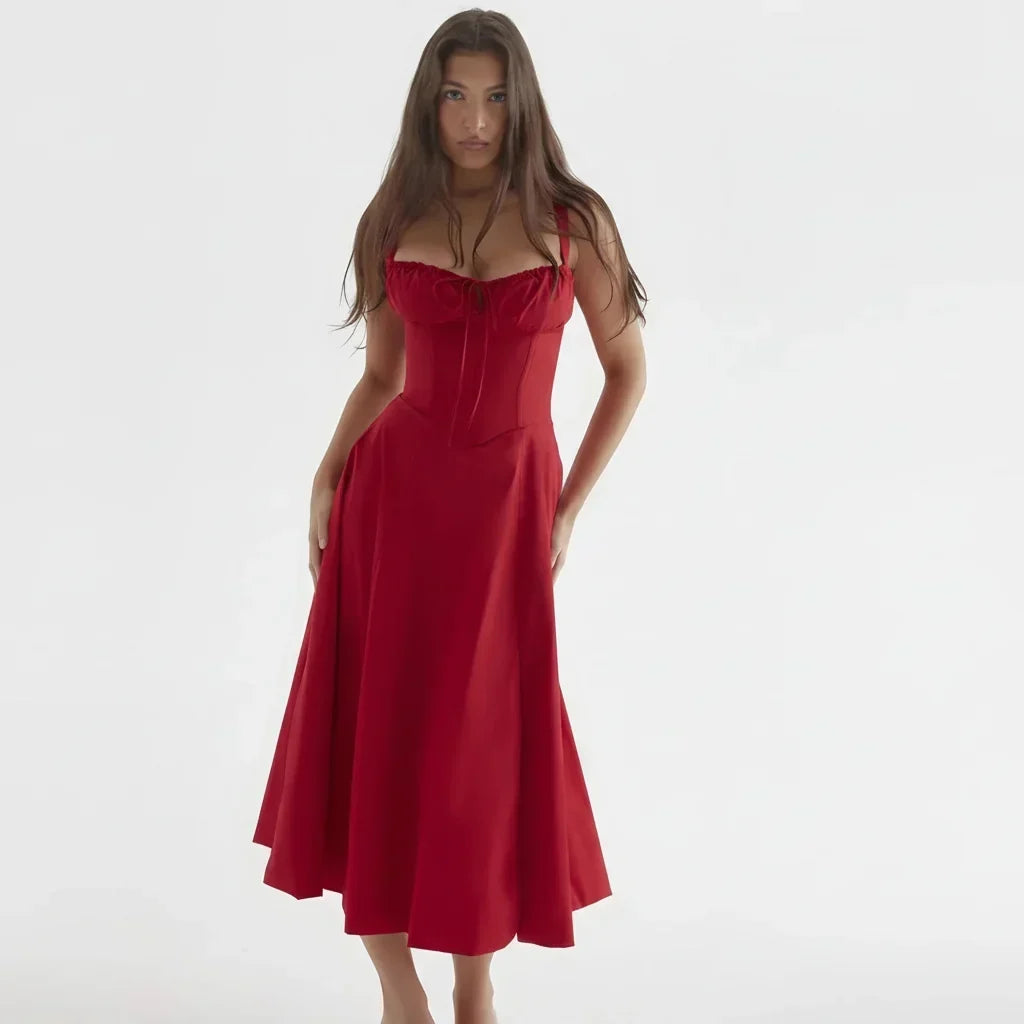 Vestido midi de verão com corpete estruturado tipo espartilho