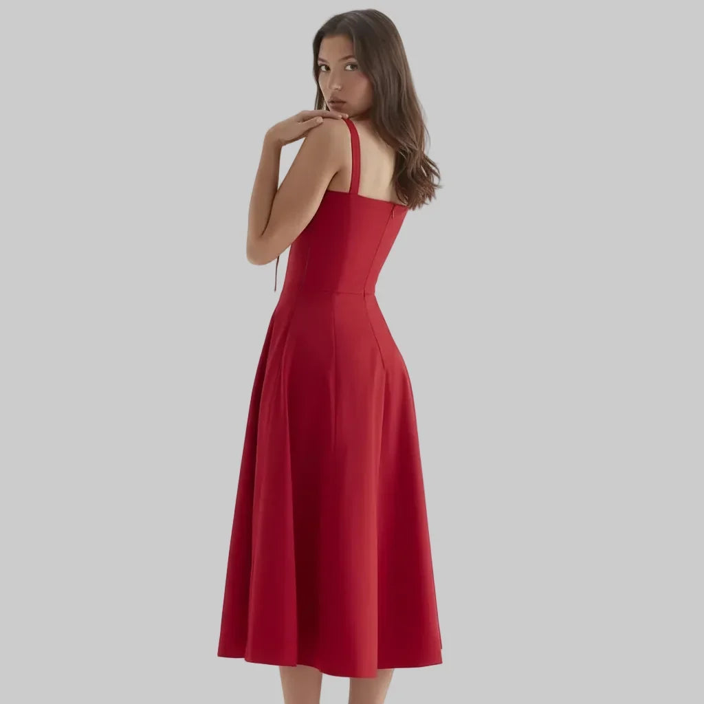 Vestido midi de verão com corpete estruturado tipo espartilho
