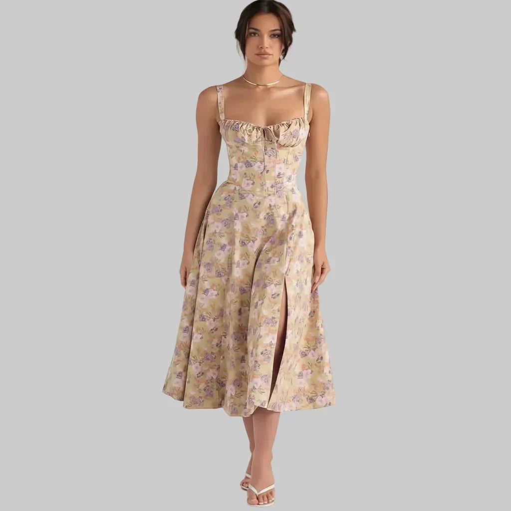 Vestido midi de verão com corpete estruturado tipo espartilho