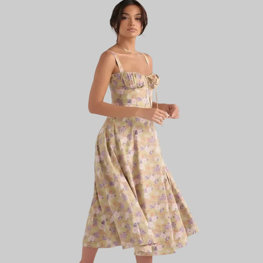Vestido midi de verão com corpete estruturado tipo espartilho