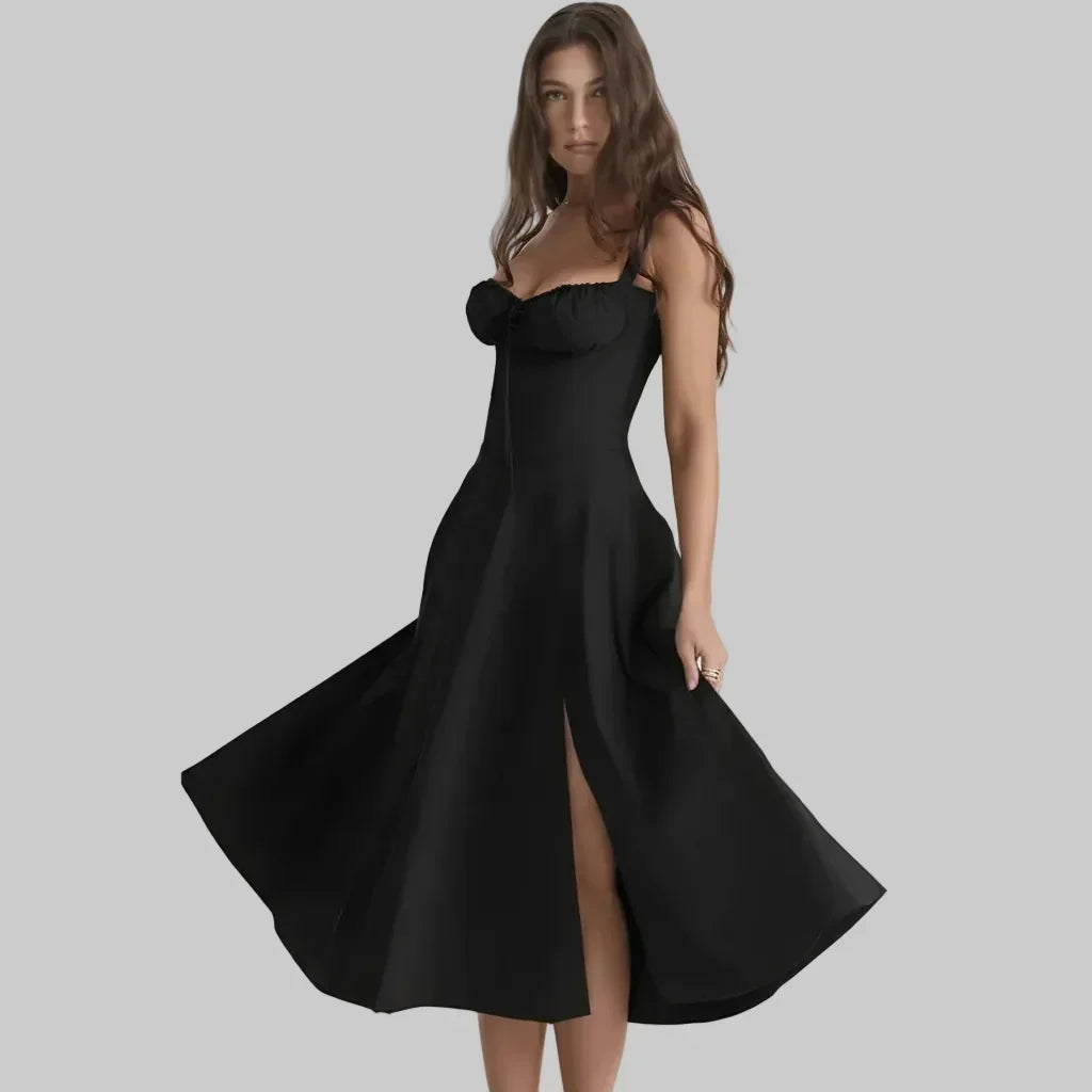 Vestido midi de verão com corpete estruturado tipo espartilho
