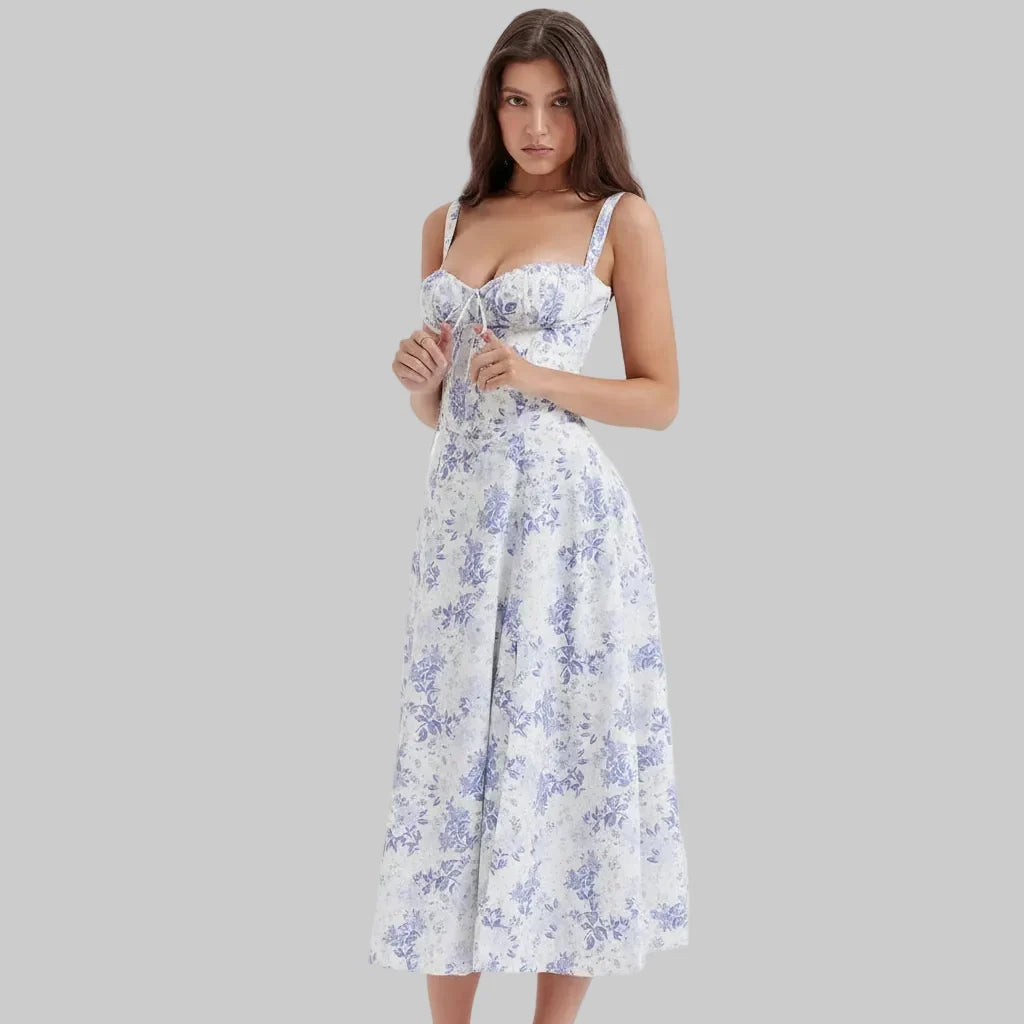 Vestido midi de verão com corpete estruturado tipo espartilho