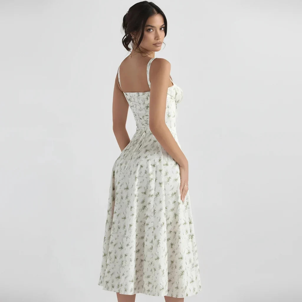 Vestido midi de verão com corpete estruturado tipo espartilho