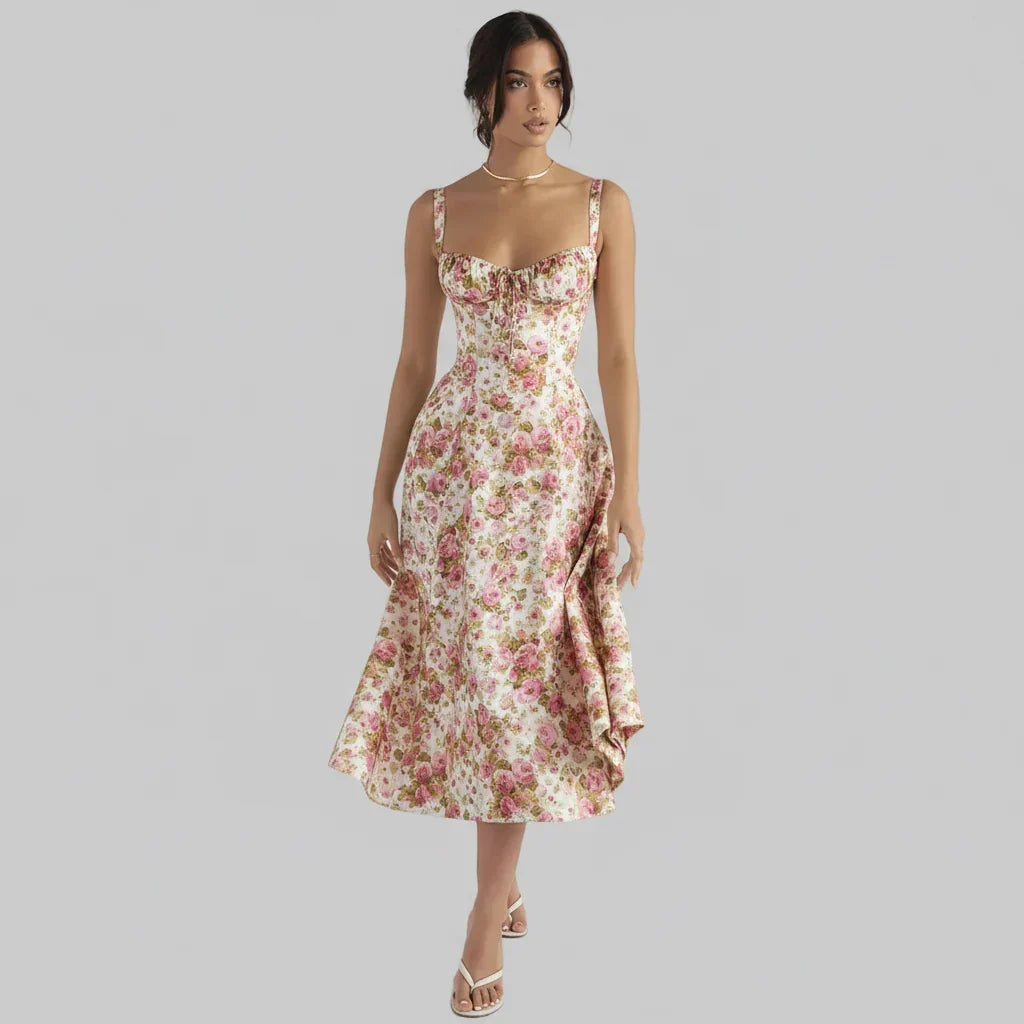 Vestido midi de verão com corpete estruturado tipo espartilho