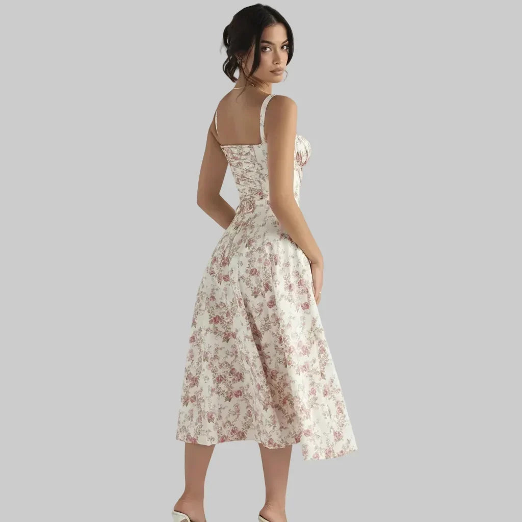 Vestido midi de verão com corpete estruturado tipo espartilho