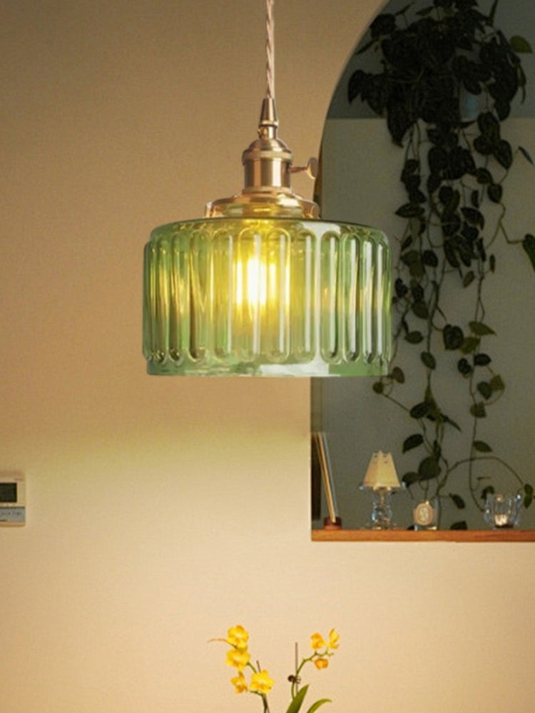 Japansk enkel vintagependel i messing og ribbet cylindrisk glas | Esilora