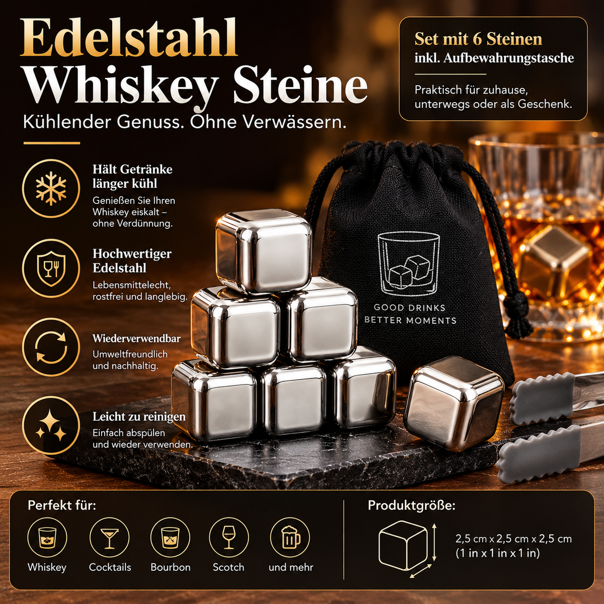 Set de pierres à whisky en acier inoxydable — glaçons rafraîchissants, sac de rangement