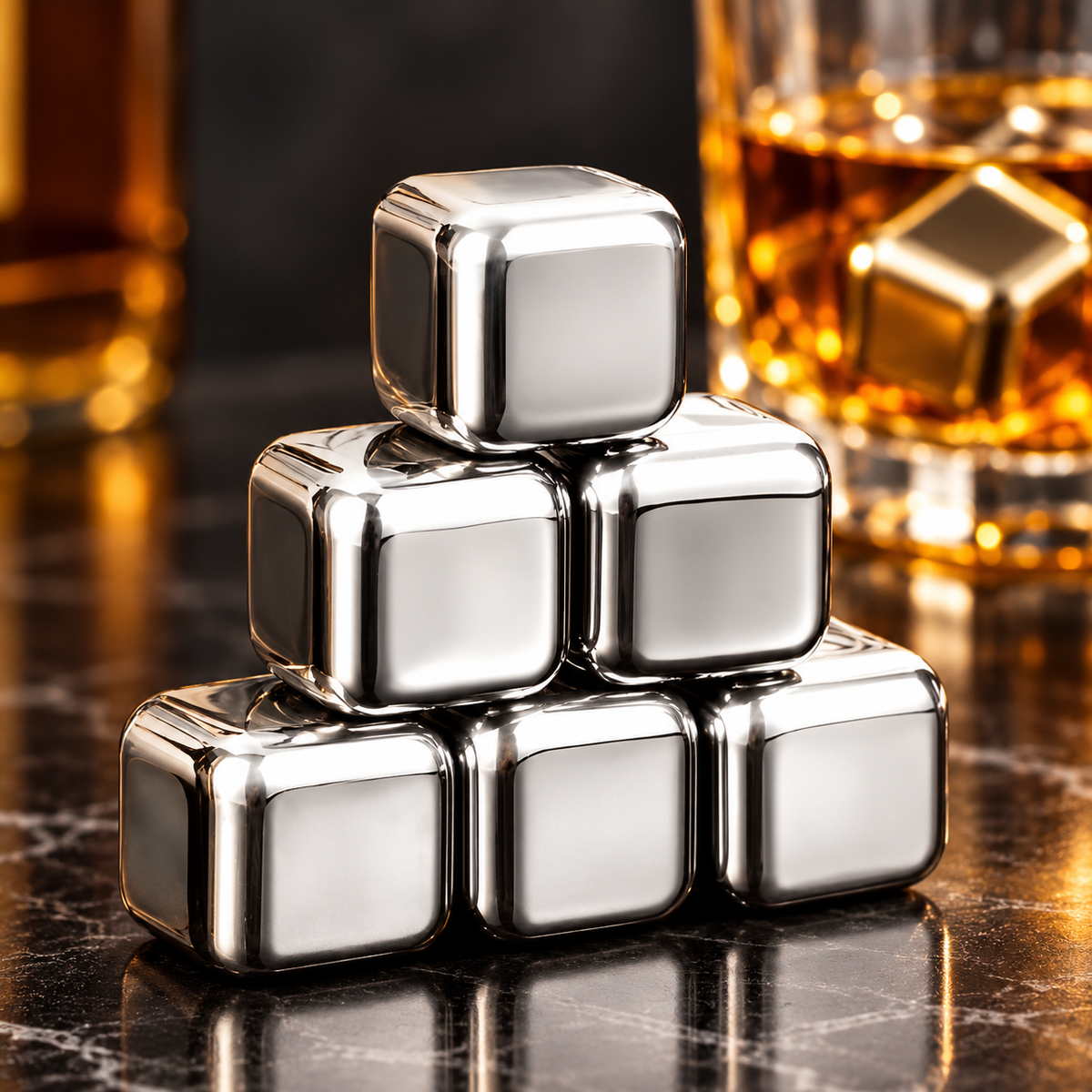 Set de pierres à whisky en acier inoxydable — glaçons rafraîchissants, sac de rangement
