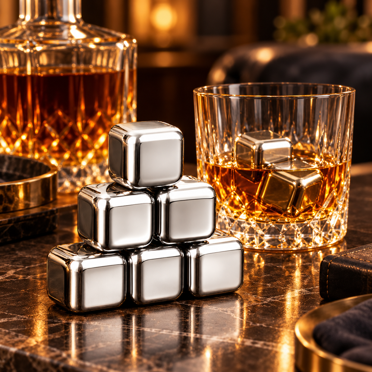 Set de pierres à whisky en acier inoxydable — glaçons rafraîchissants, sac de rangement