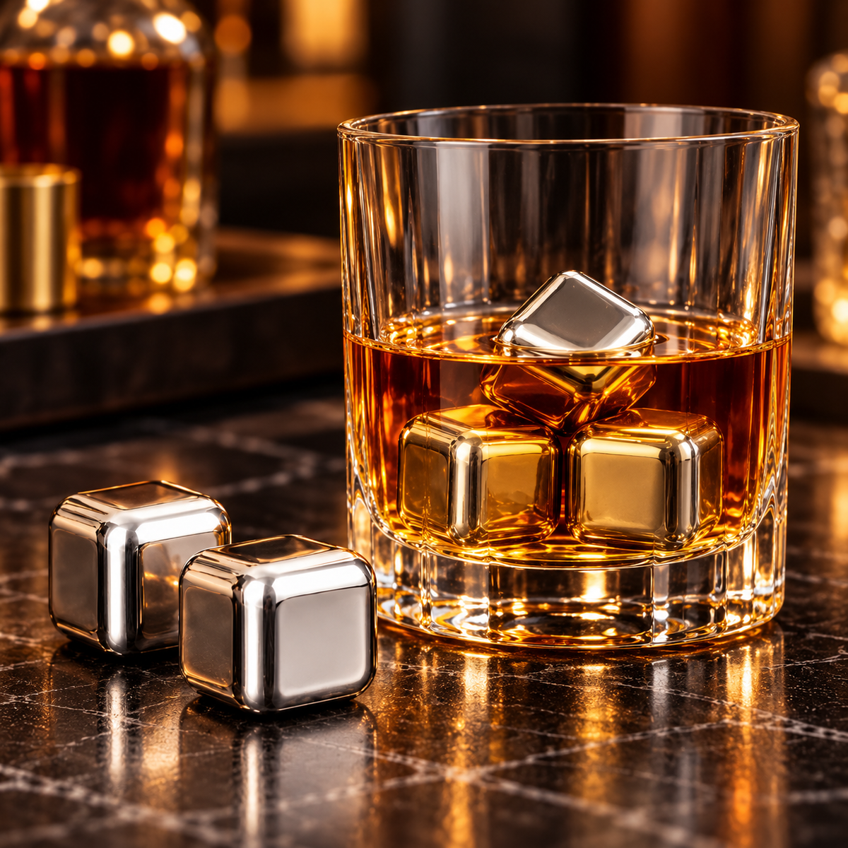 Set de pierres à whisky en acier inoxydable — glaçons rafraîchissants, sac de rangement