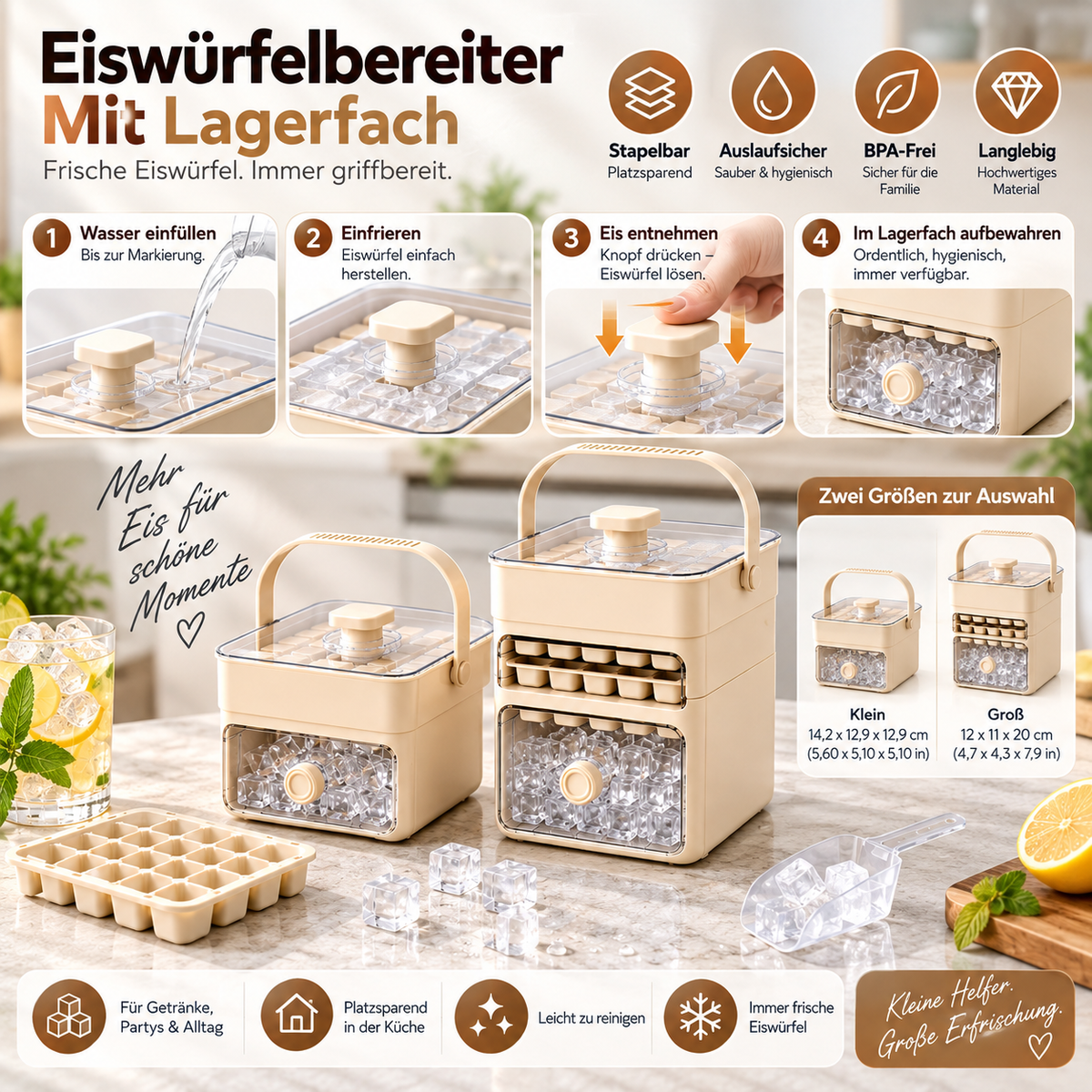 Hygienic Ice Cube Maker with Built-In Storage Compartment