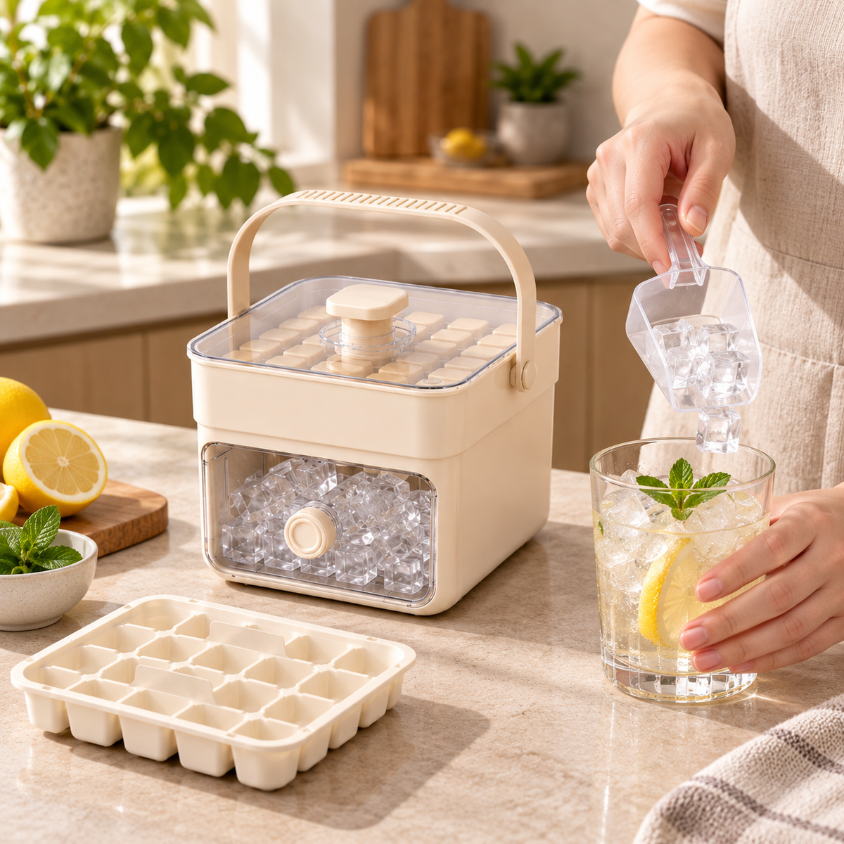 Hygienic Ice Cube Maker with Built-In Storage Compartment