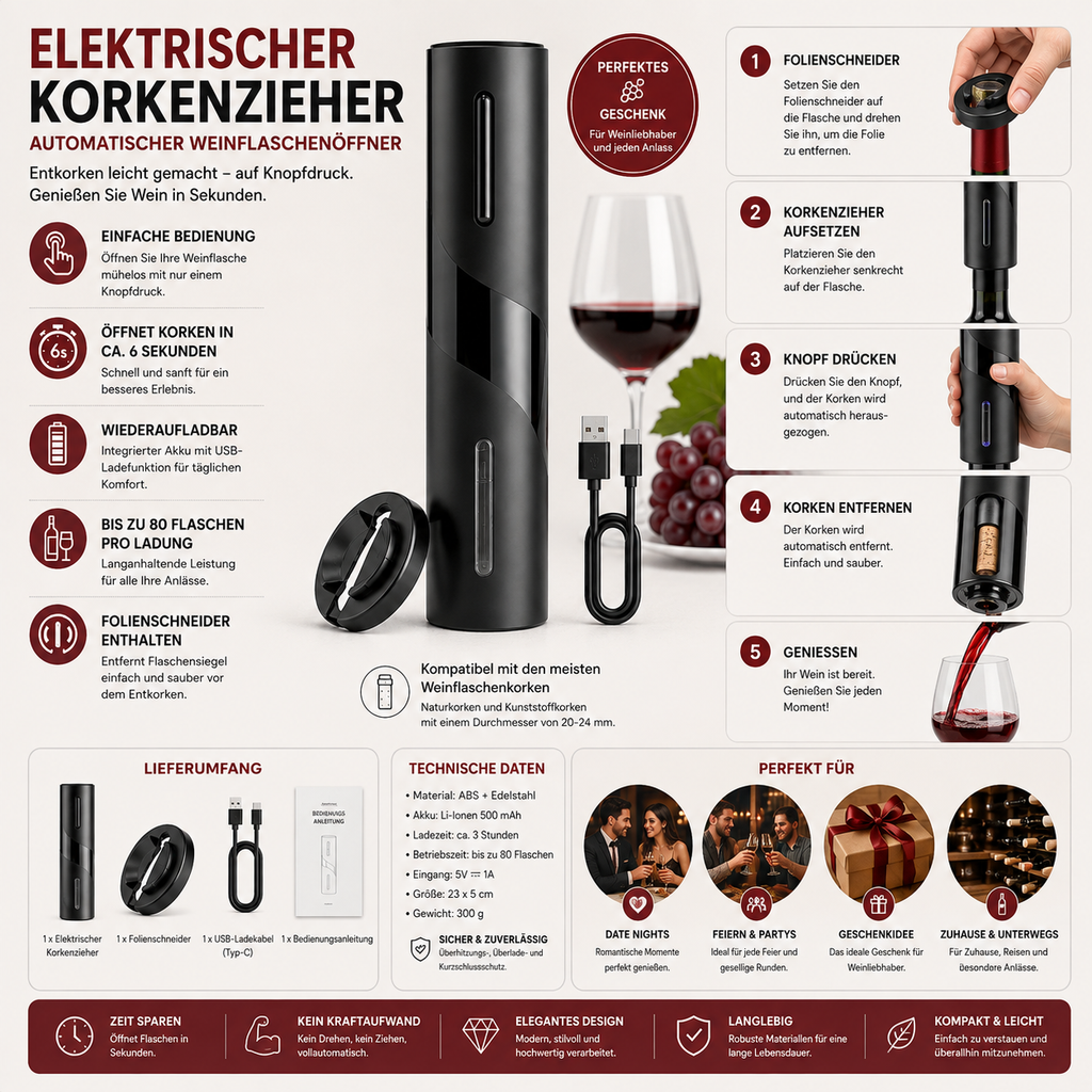 Elektrischer Weinflaschenöffner — automatischer Korkenzieher mit Folienschneider