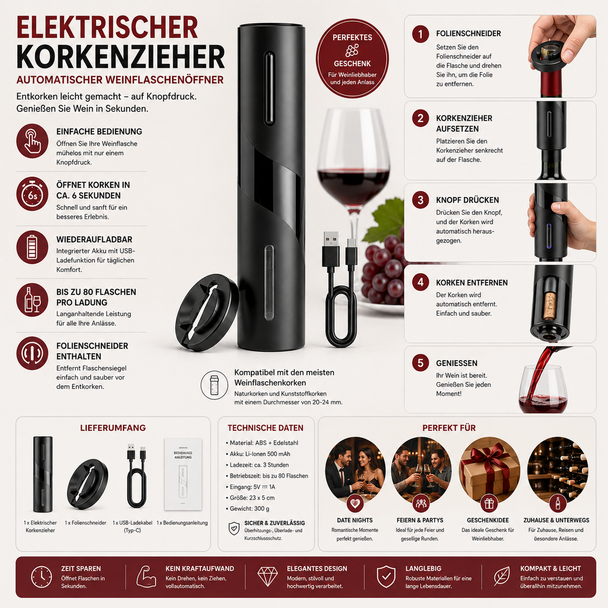 Elektrischer Weinflaschenöffner — automatischer Korkenzieher mit Folienschneider