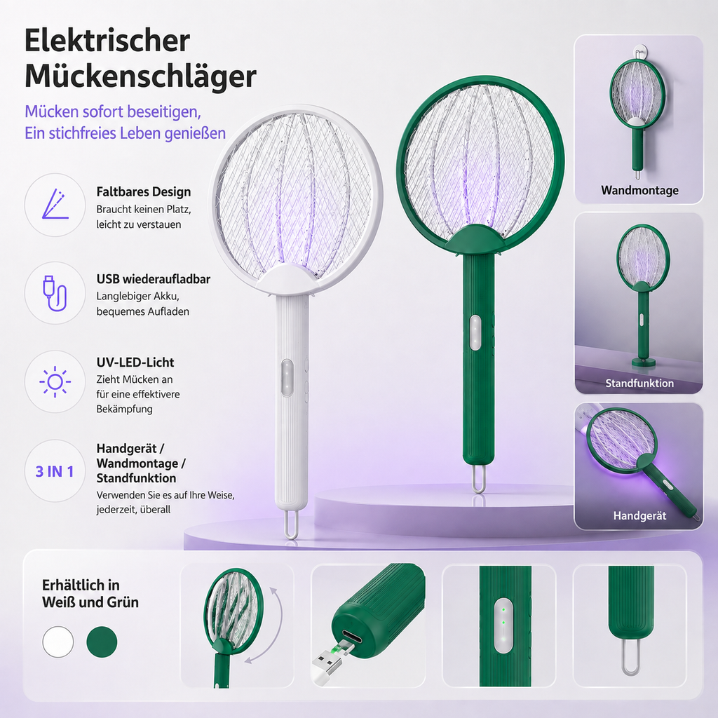 Raqueta eléctrica plegable para eliminar insectos — luz ultravioleta recargable por USB