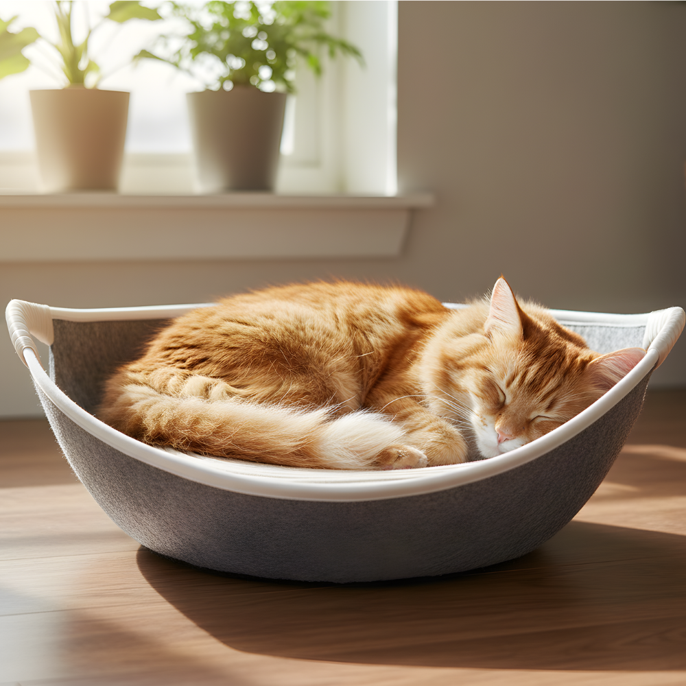 FeltHaven Round Felt Cat Bed — Curved Bowl, Scratcher Base
